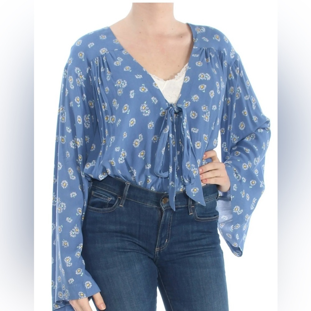Free People Women’s Blue Floral Tie Bodysuit Bell Sleeve Top Size S